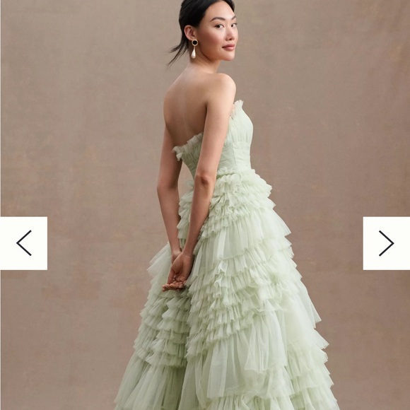Anthropologie Mac Duggal Tiered Strapless Tulle A-Line High-Low Gown Sage - Picture 2 of 5